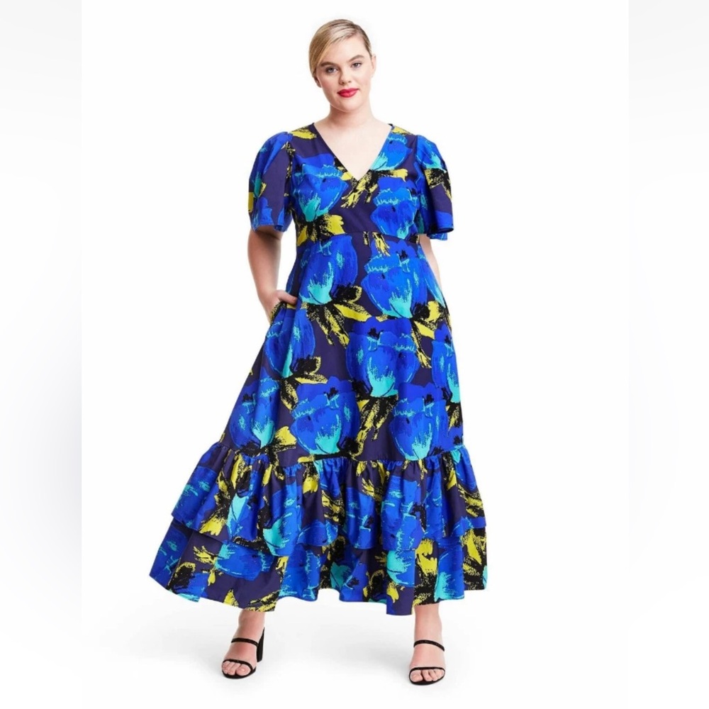 Christopher John Rogers for Target Blue Floral Puff Sleeve Tiered Dress Size 8